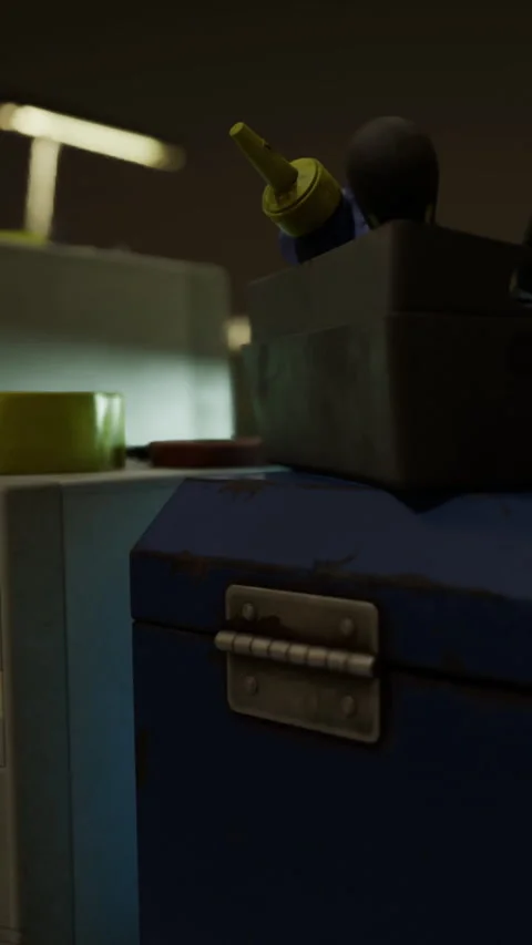 Tools and a toolbox on a workbench in a workshop setting Stock Footage 335093088