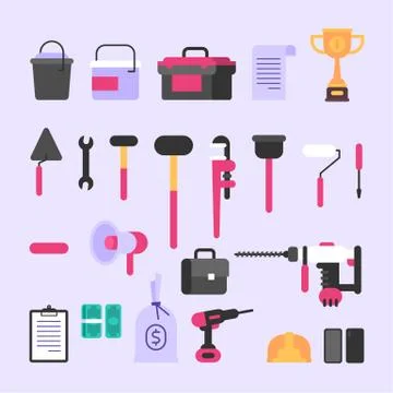 Tools and various construction items. Set of objects Stock Illustration