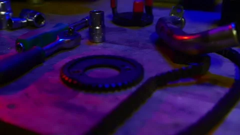 Tools and work in motorcycle workshop. garage working Video stock 104926829