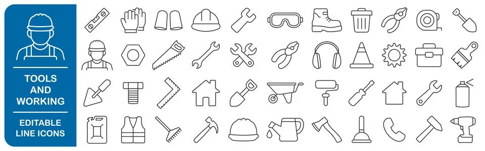 Tools and working safety editable line icons set. Repair, handyman, fixing Stock Illustration