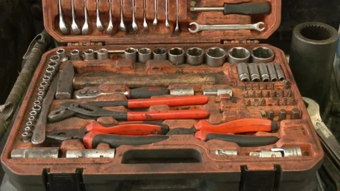 Tools and wrenches. box with tools and sundries Video stock 172063047