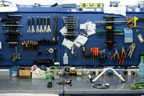 Tools arranged in workshop Stock Photos