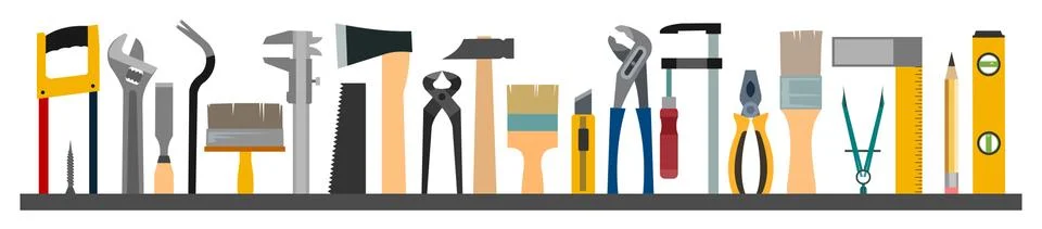 Tools background horizontal. Isolated vector objects. Instuments carpenter, h Stock Illustration
