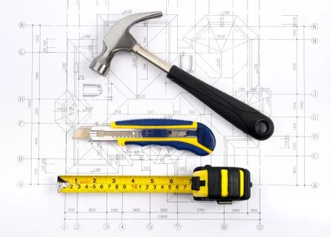 Tools on blueprint Stock Photos