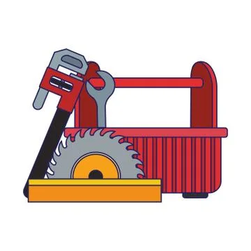 Tools box with saw and piper wrench, colorful design Stock Illustration