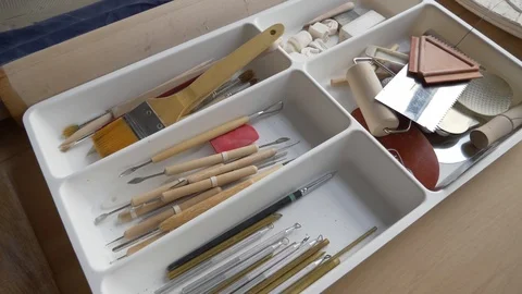 Tools of the ceramist dolly shot Stock Footage 104866495