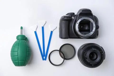 Tools for cleaning the sensor and lens of a DSLR camera Stock Photos