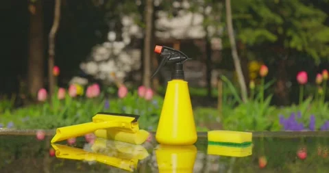 Tools for cleaning windows against a background of a spring garden. Housework Stock Footage 190942242