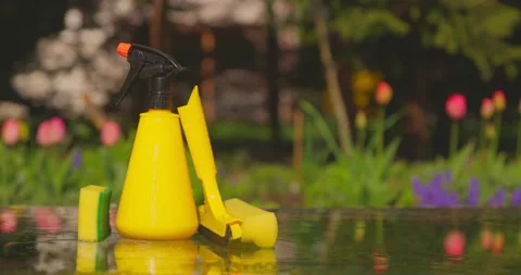 Tools for cleaning windows against a background of a spring garden. Housework Stock Footage 190945722