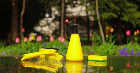 Tools for cleaning windows against a background of a spring garden. Housework Stock Footage 195994588