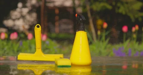 Tools for cleaning windows against a background of a spring garden. Housework Stock Footage 195995121