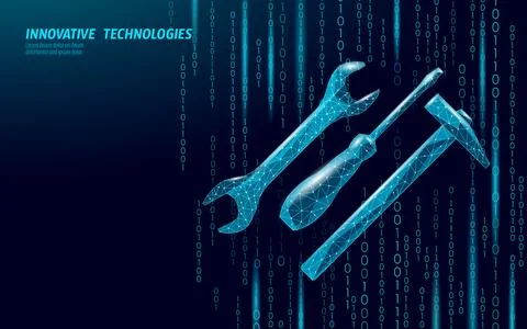 Tools concept low poly design. Polygonal wrench screwdriver hammer engineering Illustrazione stock