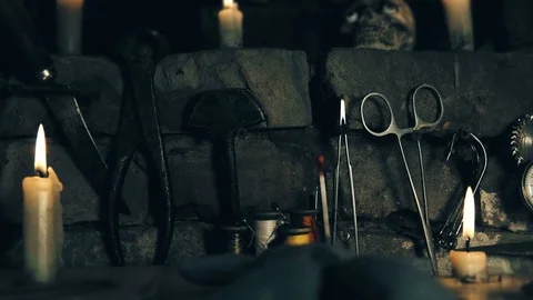 Tools for conducting terrible experiments, torture, rituals Stock Footage 80795500