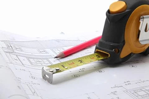 Tools with construction blueprint Stock Photos