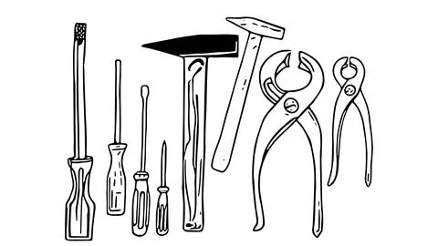 Tools for the craft. A set with screwdriver, pliers and hammer. Drawn black o Stock Illustration