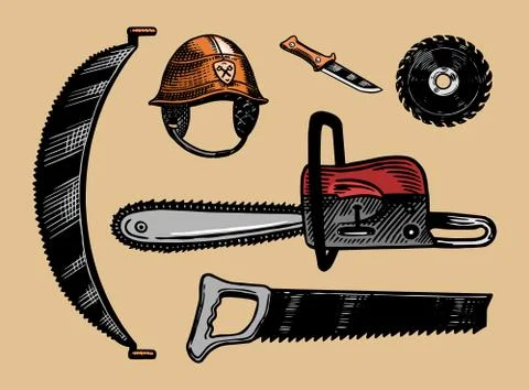 Tools for cutting trees. Saw or chainsaw and helmet. Home instruments. Hand Illustrazione stock