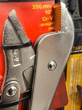 Tools on display in a hardware store showcasing powerful pliers Stock Photos