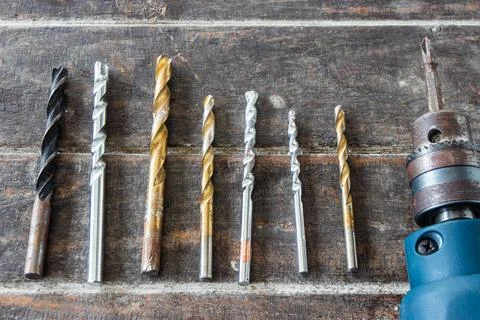 Tools for drill such as gimlet and drill bits. Foto stock