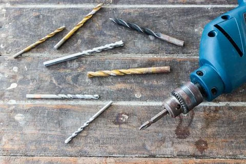 Tools for drill such as gimlet and drill bits. Stock Photos
