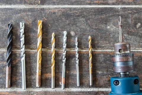 Tools for drill such as gimlet and drill bits. Stock Photos