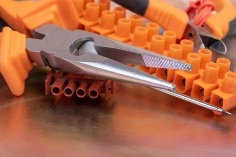 Tools for electrician in workshop Stock Photos