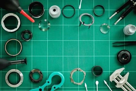 Tools for fixing and cleaning camera lens Stock Photos