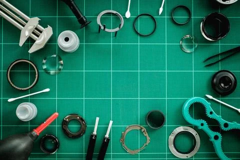Tools for fixing and cleaning camera lens Stock Photos