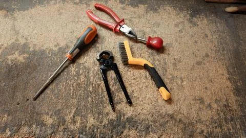 Tools found at the warehouse work table Stock Photos