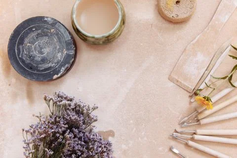 Tools for hand sculpting and working with clay products Stock Photos