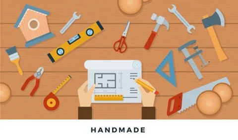 Tools for handmade with wood. Vector flat illustrations. Equipment for handmade Stock Illustration
