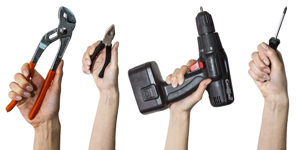 Tools in the hands on white background Stock Photos