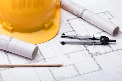 Tools With Hardhat On Blueprint Foto stock