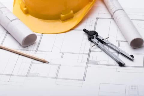 Tools With Hardhat On Blueprint 写真素材