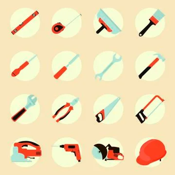 Tools icon set, flat color style. Stock Illustration