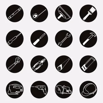 Tools icon set, outline style. Stock Illustration