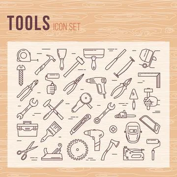 Tools icon set of working tools for builders Stock Illustration