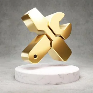 Tools icon. Shiny golden Tools symbol on white marble podium. Stock Illustration
