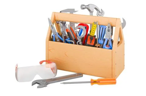Tools inside wooden toolbox, 3D rendering Stock Illustration