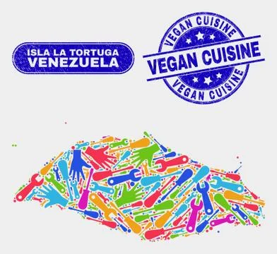 Tools Isla La Tortuga Map and Scratched Vegan Cuisine Seals Illustrazione stock