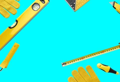 Tools isolated on blue background, close up Stock Photos