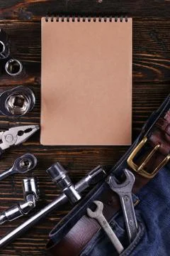 Tools laid out on a table, organized workspace concept to Labor Day, copy spa Stock Photos
