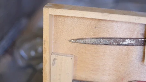 Tools on lid of old carpenter box Stock Footage 88918547