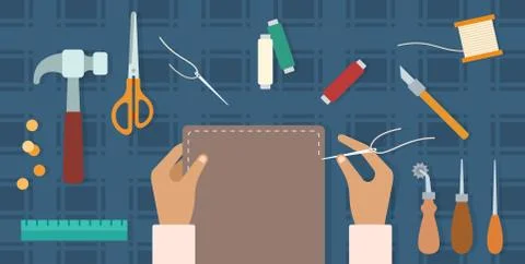 Tools lie on the table and hands sew the cover of a handmade diary vector icon Stock Illustration