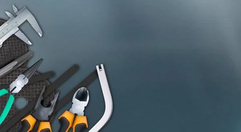 Tools of locksmith 3d composition, set isolated on background metal workbench Stock Illustration