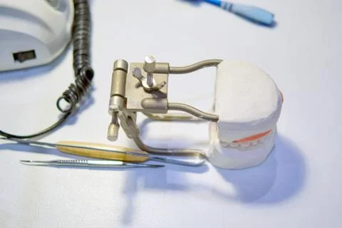 Tools for making false teeth by a prosthetist - dantist Stock Photos