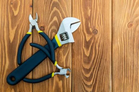 Tools for master builder prepared before work on wooden boards Stock Photos