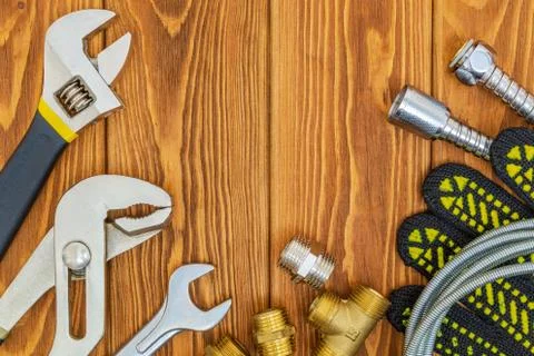 Tools of the master plumbing and accessories for various applications Stock Photos