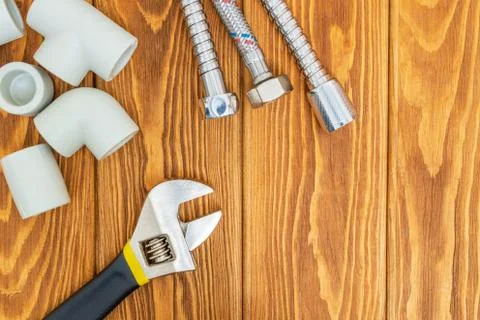 Tools of the master plumbing and accessories for various applications Stock Photos