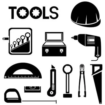 Tools, mechanical equipment icons Stock Illustration