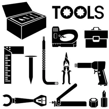 Tools, mechanical equipment icons Stock Illustration